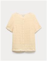 Collarless Shirred Button Through Top