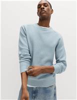 Cotton Blend Textured Crew Neck Jumper