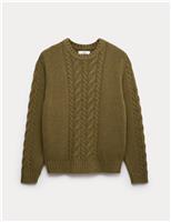 Cotton Blend Cable Knit Crew Neck Jumper