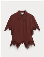 JAEGER Pure Silk Lace Insert Shirt Rum