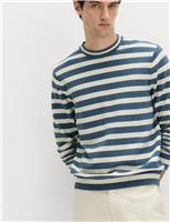 M&S Cotton Rich Boucle Striped Crew Neck Jumper Blue Mix
