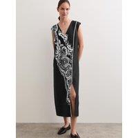 JAEGER Pure Linen Coral Reef V-Neck Midi Dress Black Mix