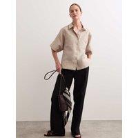 JAEGER Pure Linen Collared Stitch Detail Shirt Oatmeal
