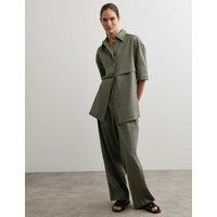 JAEGER Linen Blend Relaxed Utility Shirt with Wool Dark Green