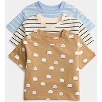 M&S 3 Pack Pure Cotton Animal & Stripe Tops (0-3 Yrs) Blue Mix