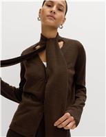 Textured Scarf Neck Button Through Cardigan with Wool