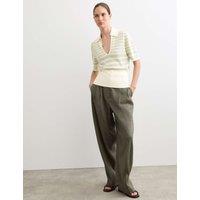 JAEGER Linen Rich Striped Collared Knitted T-Shirt Ivory Mix