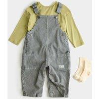 M&S 3 Piece Pinstripe Dungaree Outfit with Socks (0-3 Yrs) Blue Mix