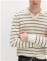 Cotton Rich Boucl Striped Open Neck Jumper