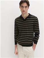 M&S Cotton Rich Boucl Striped Open Neck Jumper Black Mix