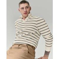 M&S Cotton Rich Boucl Striped Open Neck Jumper Ecru Mix