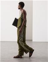 Autograph Floral Embroidered Wide Leg Trousers Khaki