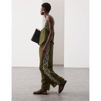 Autograph Floral Embroidered Wide Leg Trousers Khaki