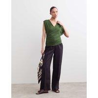 JAEGER Jersey V-Neck Ruched Top Dark Green