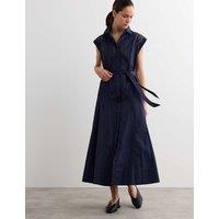 JAEGER Pure Cotton Broderie Midi Shirt Dress Navy