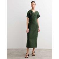 JAEGER Linen Rich V-Neck Midi Wrap Dress Dark Green
