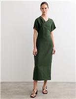 JAEGER Linen Rich V-Neck Midi Wrap Dress Dark Green