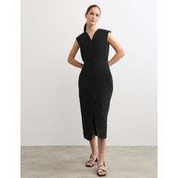 JAEGER Cotton Blend V-Neck Midaxi Column Dress Black