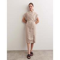 JAEGER Pure Linen V-Neck Midi Wrap Dress Oatmeal