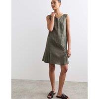 JAEGER Linen Blend V-Neck Knee Length Shift Dress Dark Green