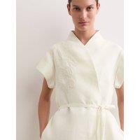 JAEGER Pure Linen Embroidered V-Neck Wrap Dress Ivory