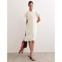 JAEGER Pure Linen Embroidered V-Neck Wrap Dress Ivory