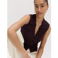 M&S Ribbed Collared Slim Fit Knitted Top Raisin