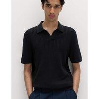 M&S Cotton Rich Rib Texture Open Neck Polo Shirt Navy