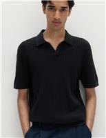 M&S Cotton Rich Rib Texture Open Neck Polo Shirt Navy
