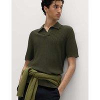 M&S Cotton Rich Rib Texture Open Neck Polo Shirt Dark Khaki