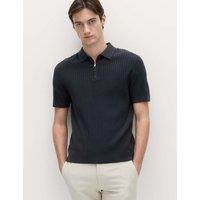 M&S Cotton Rich Ribbed Knitted Zip Up Polo Shirt Navy