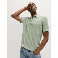 M&S Cotton Rich Ribbed Knitted Zip Up Polo Shirt Pistachio