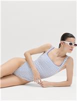 M&S Printed Padded Wide Strap Square Neck Swimsuit Blue Mix