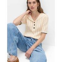 M&S Cotton Rich Pointelle Collared Knitted Top Ivory Mix