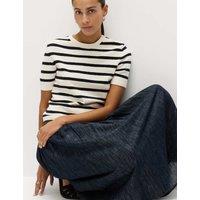 M&S Cotton Rich Striped Boucl Knitted Top Ivory Mix