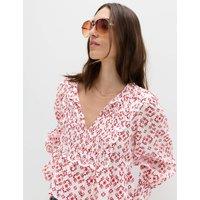 M&S Cotton Rich Tie Neck Puff Sleeve Blouse Red Mix