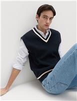 M&S Cotton Blend Tipped V-Neck Knitted Vest Navy