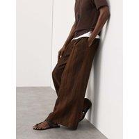 Autograph Pure Flax Linen Striped Wide Leg Trousers Brown Mix