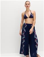 Pure Cotton Printed Drawstring Wide Leg Beach Trousers