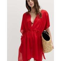M&S Pure Cotton Tie Detail Mini Kaftan Dress Lacquer Red