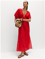 M&S Pure Cotton Cutwork Detail Maxi Kaftan Lacquer Red