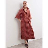 JAEGER Pure Cotton Striped Midi Shirt Dress Dark Red Mix