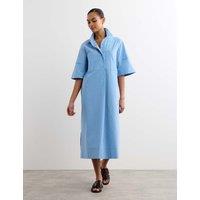 JAEGER Pure Cotton Relaxed Striped Midi Dress Soft Blue