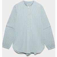 JAEGER Pure Cotton Striped Collarless Shirt Blue/White
