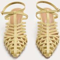 JAEGER Leather Caged Strappy Kitten Heel Sandals Yellow