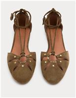 Suede Ring Detail Tie Up Flat Shoes
