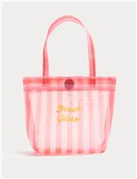 M&S Beach Vibes Striped Mesh Tote Bag Pink Mix