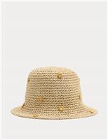 Kids Straw Raffia Embroidered Flower Hat