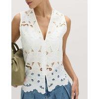 M&S Floral V-neck Cutwork Detail Waistcoat Soft White