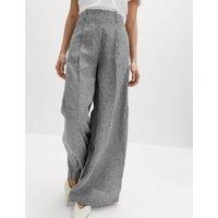 M&S Pure Linen Checked Pleat Front Trousers Black Mix